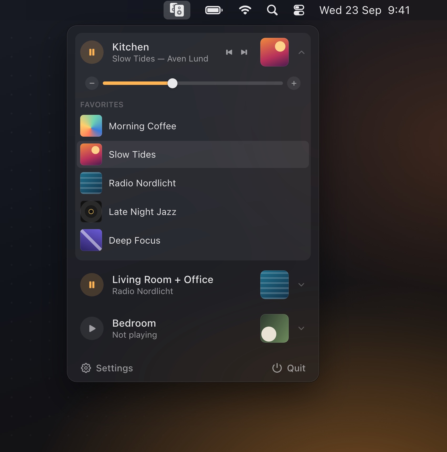 The Kitchen room expanded in SoundBar, showing a volume slider and a list of five Sonos Favorites.