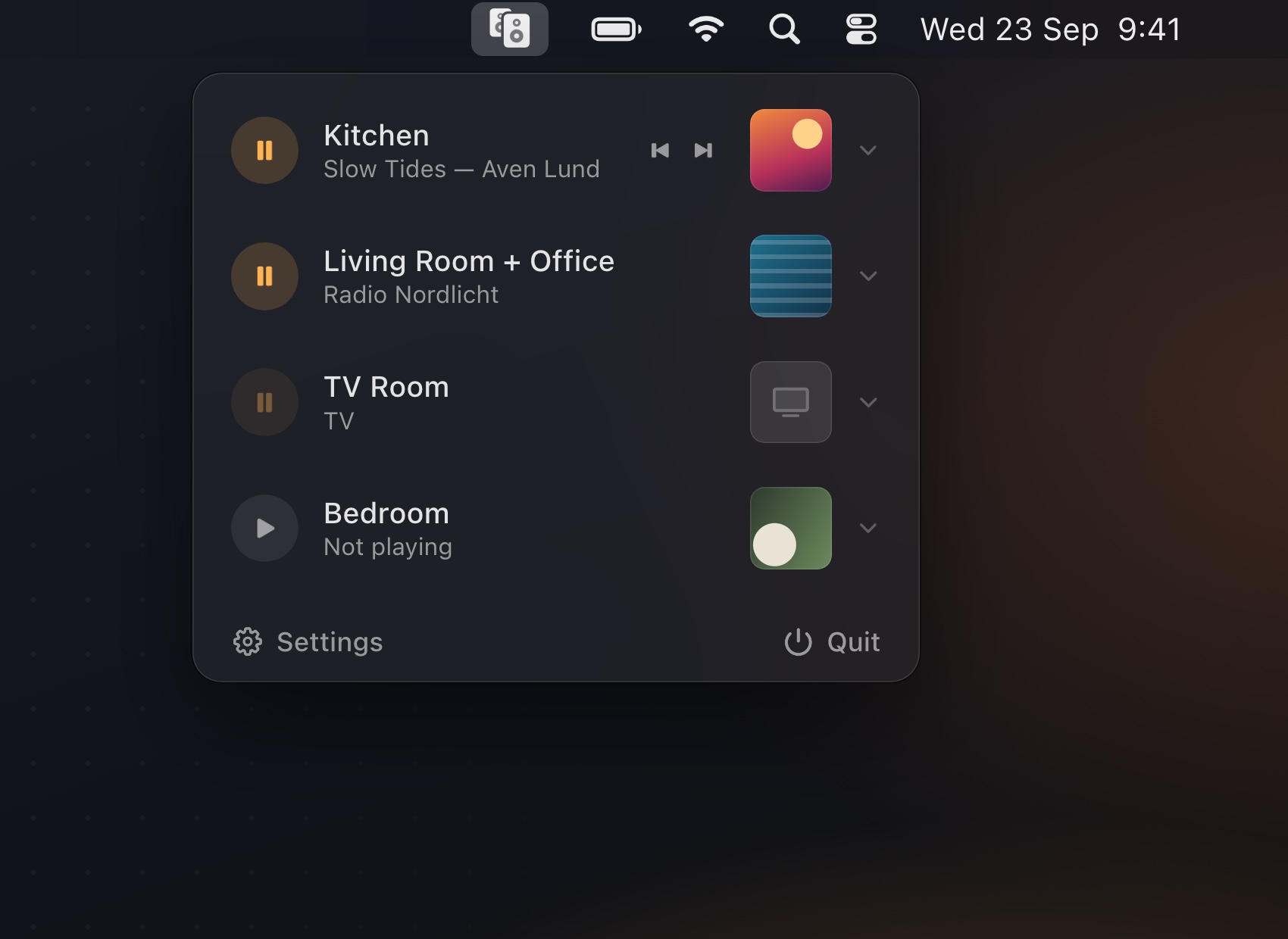 The SoundBar panel open below the menu bar, listing Kitchen, Living Room + Office, TV Room and Bedroom, each with a play or pause button and artwork.