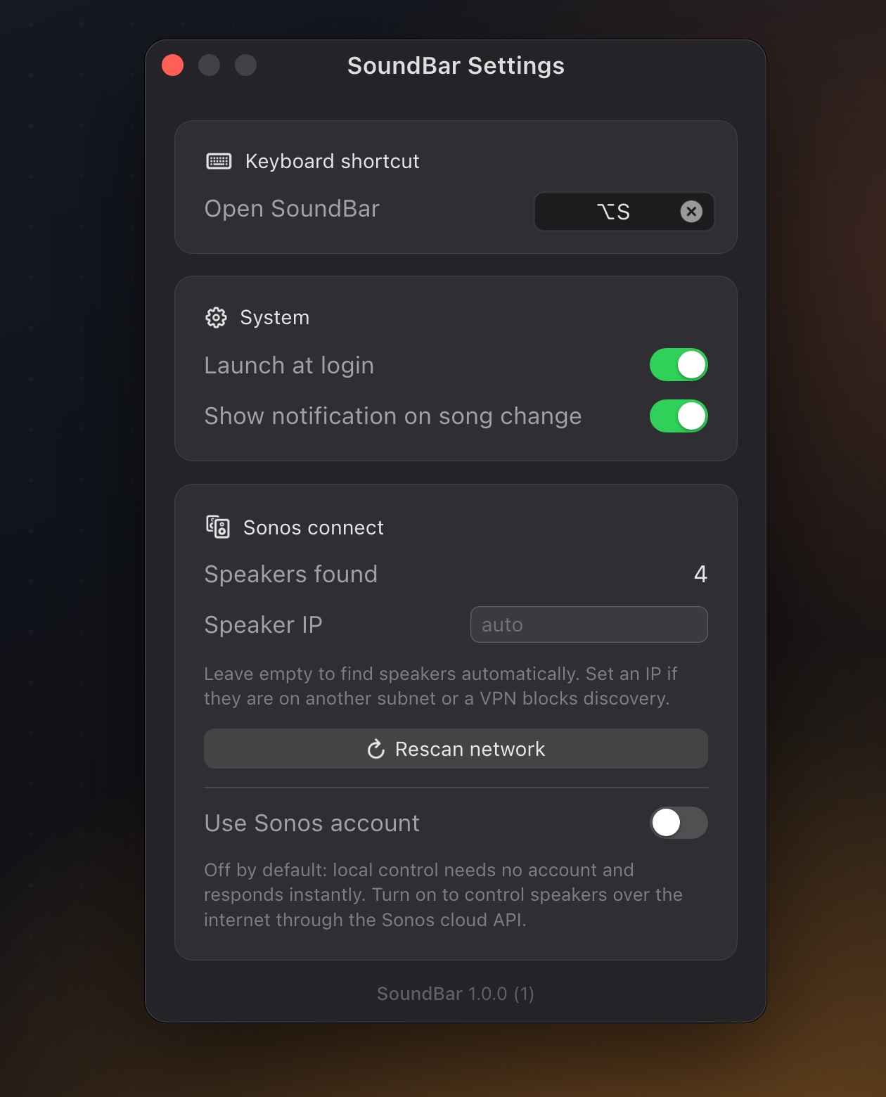SoundBar settings window with keyboard shortcut, launch at login, song notifications, speaker discovery and the Use Sonos account switch turned off.